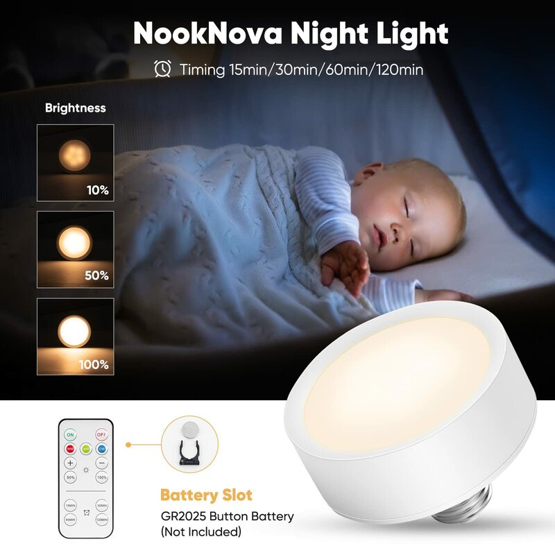NookNova 무선 조광 LED 배터리 작동 전구, 비유선 램프용 리모컨 포함, E26, E27, 2 팩