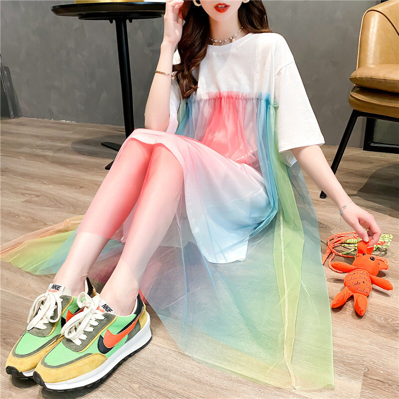 2024 Summer Daily Dress Women Casual Rainbow Mesh Stitching Short-sleeved Long Dresses Street Fashion Clothes Holiday Wear