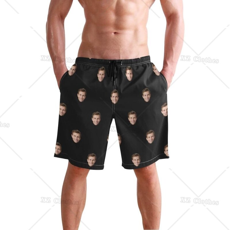 Shorts de praia personalizados para homens, troncos de natação personalizados, curtos com bolso, imagem do amigo