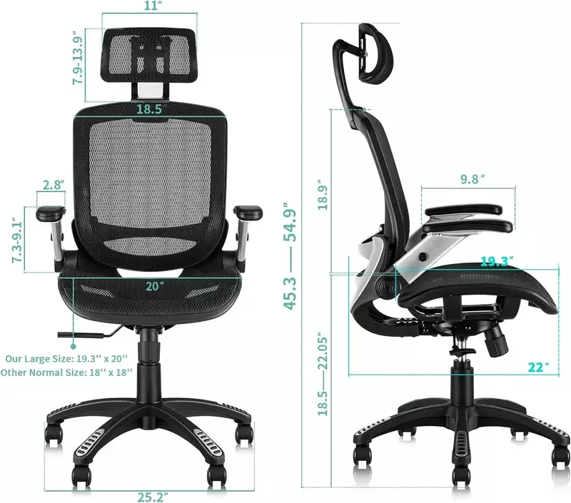 Cadeira de escritório de malha ergonômica, cadeira alta, encosto de cabeça ajustável com braços flip, apoio lombar e rodas pu, EUA, novo