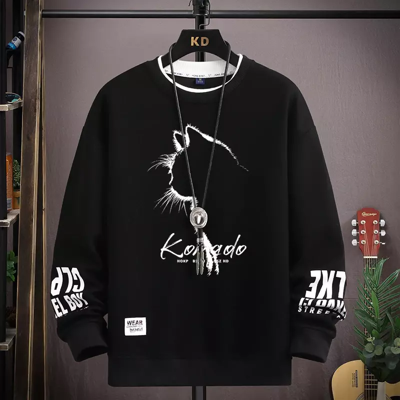 T-shirt à manches longues imprimé chat pour hommes, sweat-shirt d'automne, haut au design exclusif Harajuku, col rond noir, vêtements à la mode