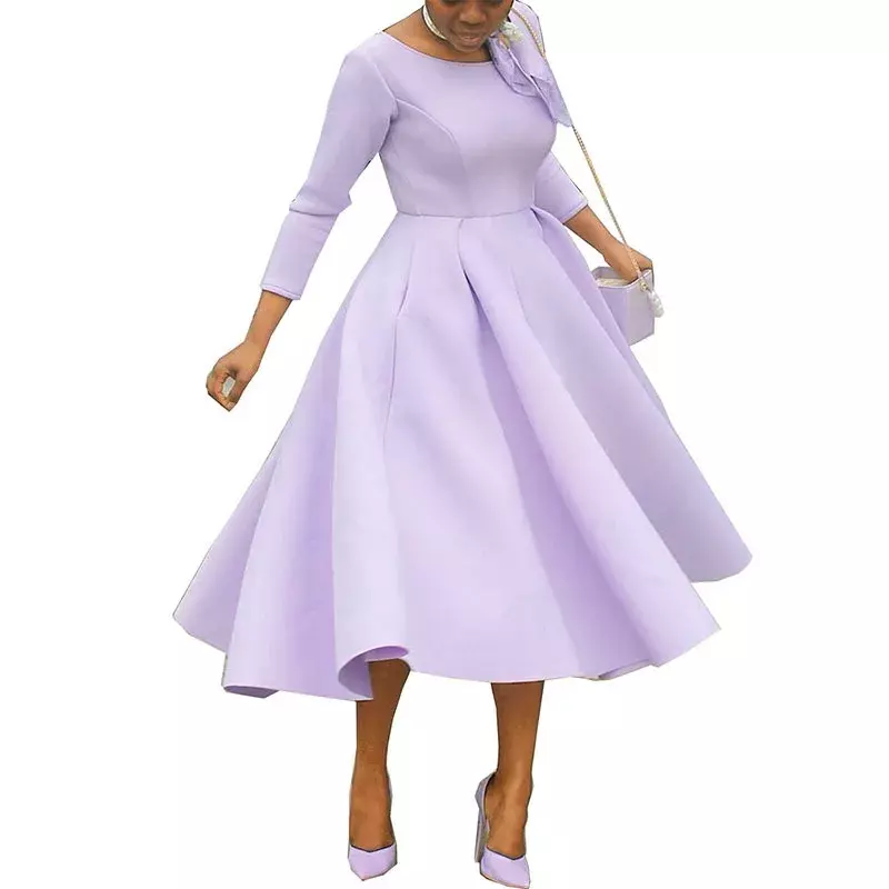 Платье Фиолетовое Женское для выпускного вечера, элегантное простое свадебное платье с длинным рукавом, модное повседневное однотонное ТРАПЕЦИЕВИДНОЕ ПЛАТЬЕ с круглым вырезом