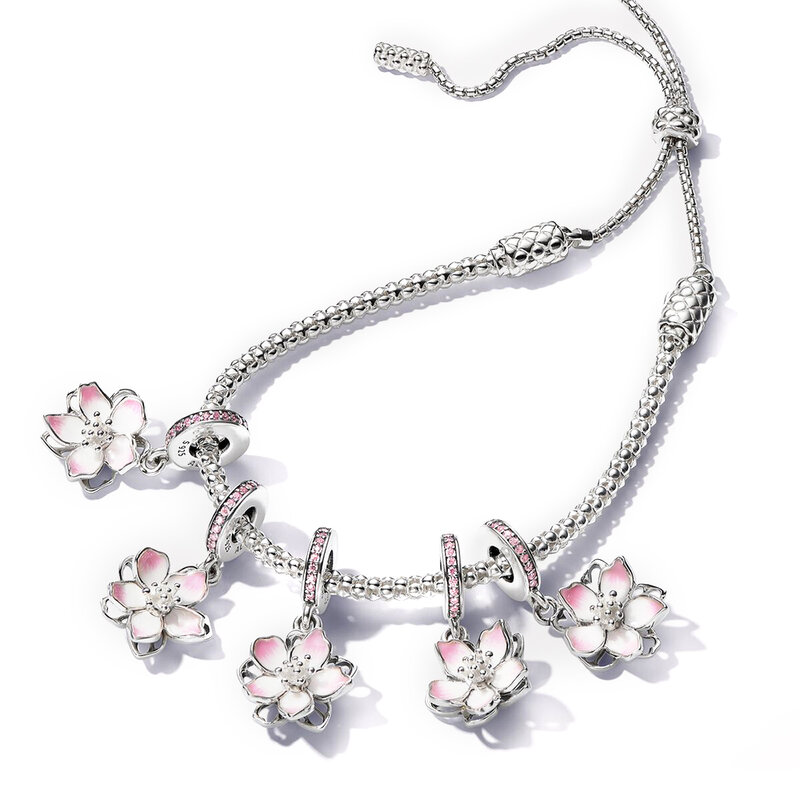 2024 nowy seria kwiatowa srebrny brzoskwiniowy kwiat róż koralik do bransoletki z wisiorkami wisiorek dla bransoletka Pandora na biżuteria dziewczęca prezenty