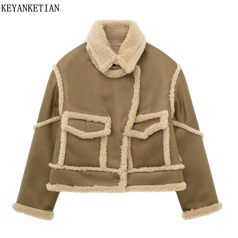Keyanketian Winter neue Frauen doppelseitige Pelz Fleece Jacke Crop Coat American Retro Naht Detail Reiß verschluss lose Wildleder Oberbekleidung