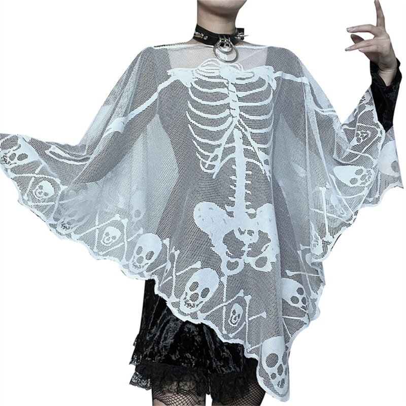 Selendang Tengkorak Gotik untuk Dewasa Hari Kematian Jubah Kostum Cosplay Jubah Liburan Meriah Pakaian Foto Syal Punk