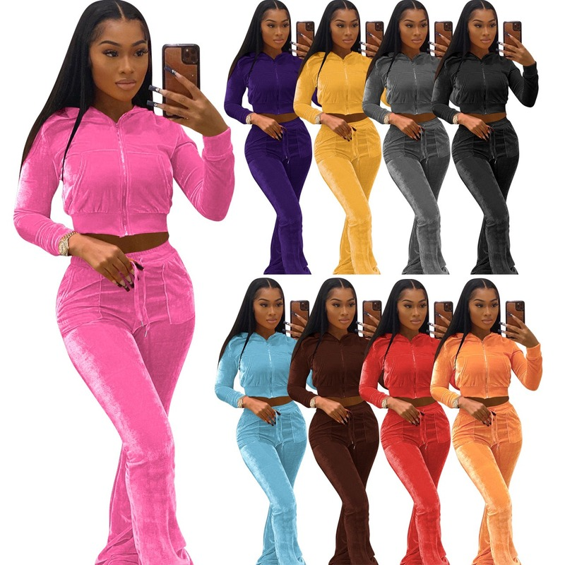 Frauen Samt 2 Stück Sets Herbst Winter Trainingsanzug Taschen Lange Sleeve Zipper Mit Kapuze Jacken Hohe Taille Flare Hosen Dünne Anzüge