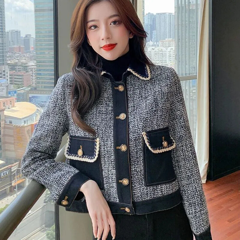 Женское джинсовое пальто Xiaoxiangfeng, весна-осень 2023, новый дизайн, чувственные контрастные цвета, Свободный Топ с коротким рукавом и V-образным вырезом