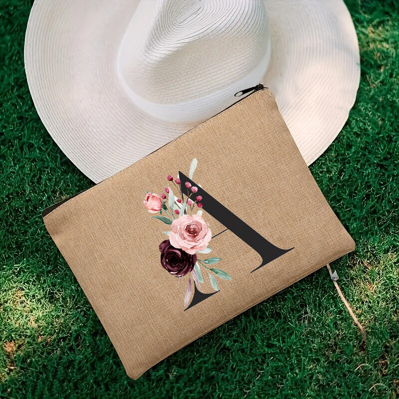 Bolsa de lino con combinación de letras y flores para lápices labiales, bolso organizador de viaje con letras y letras, bolso de mano sencillo para pulsera