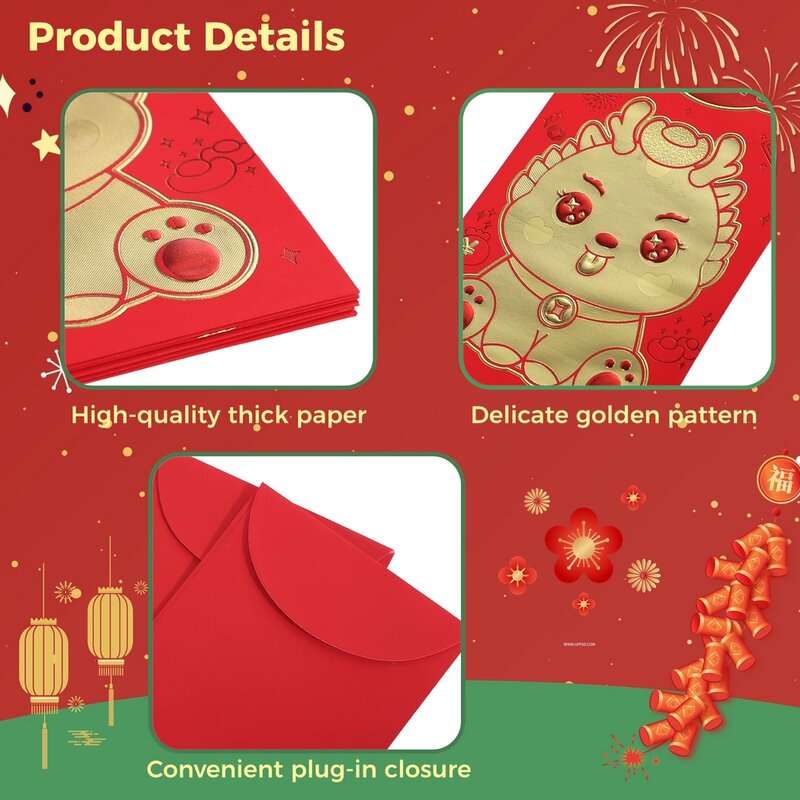 Конверты красные новогодние 24 шт., очаровательные карманы Красного китайского дракона на 2024 год, праздник весны дракона, счастливый Гонконг Бао