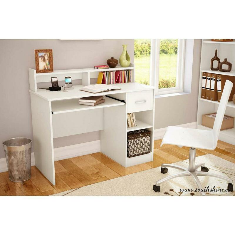 Escritorio de computadora para estudiantes, mesa de escritura de oficina en casa con estantes de cajón, blanco