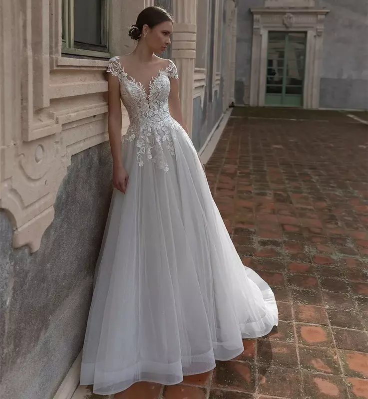 Elegant long tulle wedding dress cap sleeve A-line sweep Train Garden bridal dress zipper back vestibule new women's dress