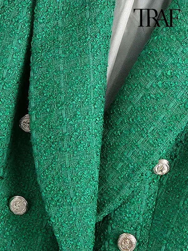 2024 Nieuwe Damesmode Tweedgroene Blazerjas Met Dubbele Rij Knopen, Vintage Lange Mouw Flapzakken Voor Dames Bovenkleding Chic Veste