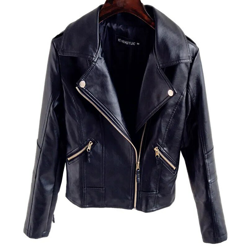 2024 Ladies New Short Motorcycle Pu Leather Jacket Slim High Waist Short Leather Jacket