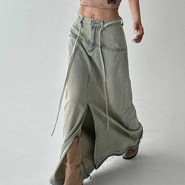 Dżinsowe długie spódnice z rozcięciem z wysokim stanem kobiety w stylu Vintage elegancka seksowna letnia odzież uliczna klasyczna Y2k dziewczęca moda w stylu europejskim