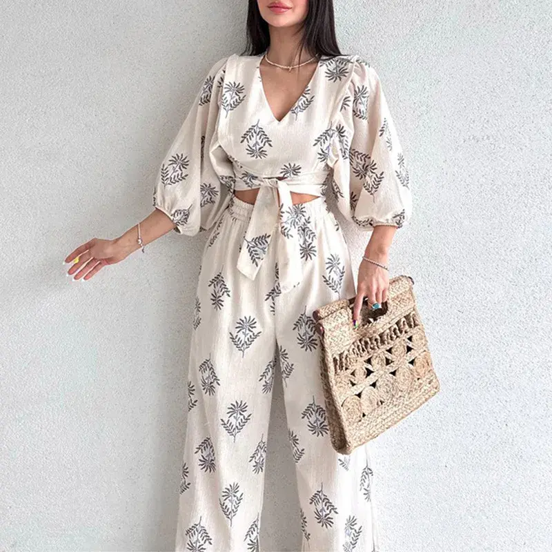 Women's Pure Cotton Suit 2024 Summer New V-Neck Temperament Printed Puff Sleeve Top and Trousers Women's Two-Piece Set