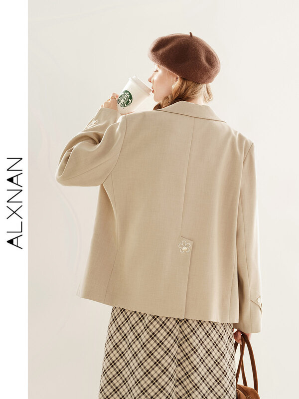 ALXNAN Blazer lengan panjang wanita, jaket jas lengan panjang berkancing tunggal cantik elegan 2024, pakaian luar wanita TM00322