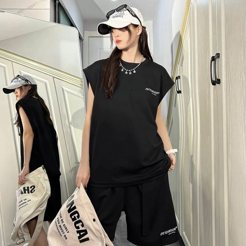 Tuta sportiva senza maniche per abito a due pezzi donna estate allentata alla moda di marca stile coreano pantaloncini gilet americani traspiranti
