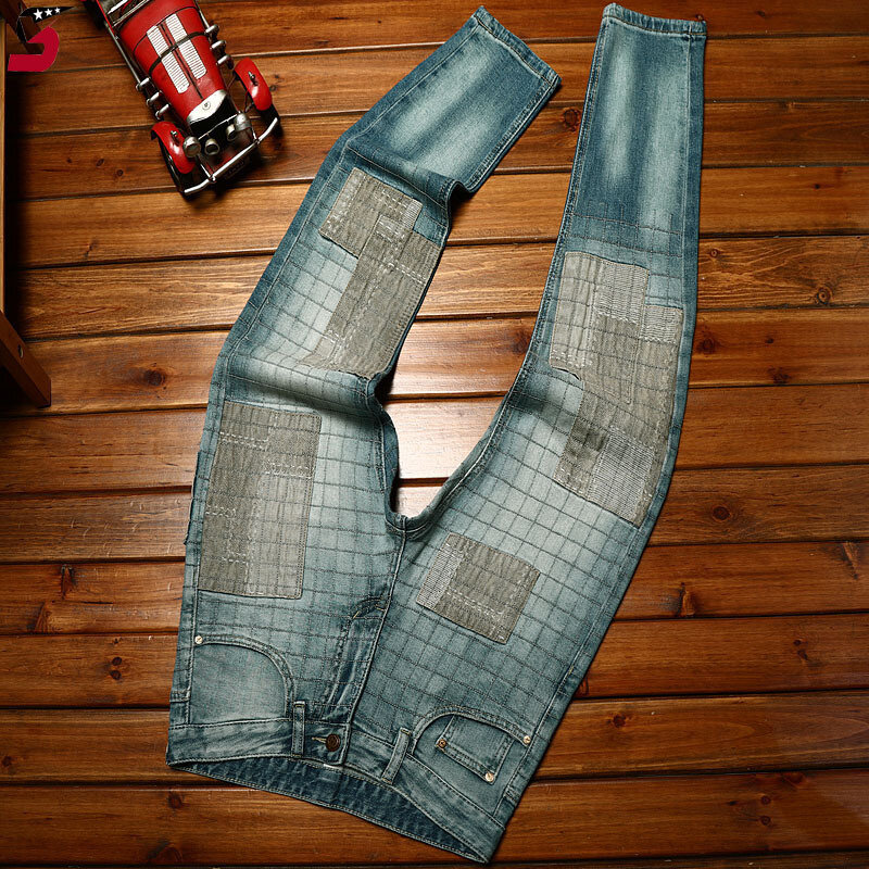 Wysokiej jakości modne jeansy męskie naszywki z osobowością modna marka Slim Fit stopki modne elastyczne spodnie typu Casual