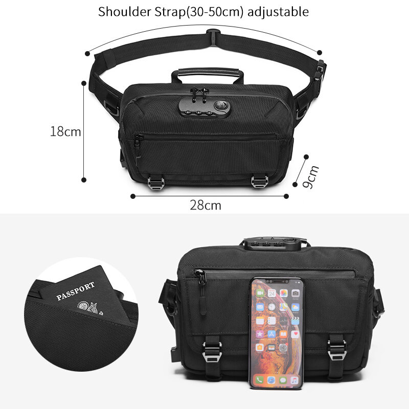 OZUKO Handbag Man Waist Bag Casual Fanny Pack Male Waterproof Travel Waist Bags USB Charging Chest Bag for Cell Phone
