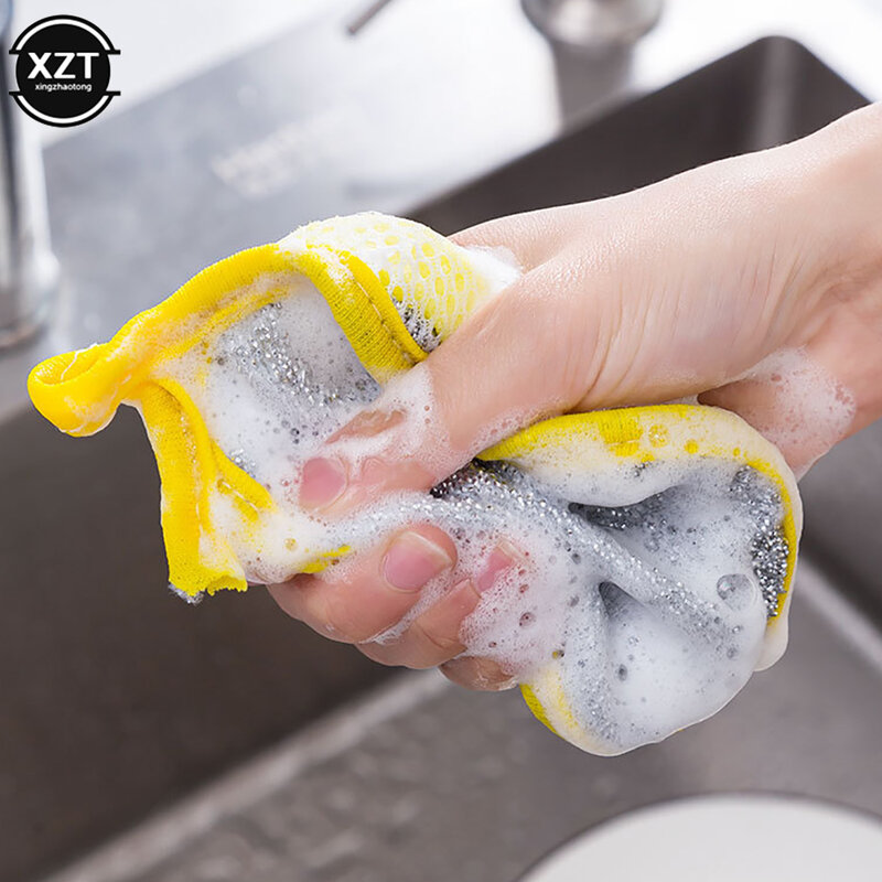5pcs Double-sided Sponge Dishwashing Brush Round Cleaning Cloth Grease Removal Dishcloth Kitchen Cleaning Tools