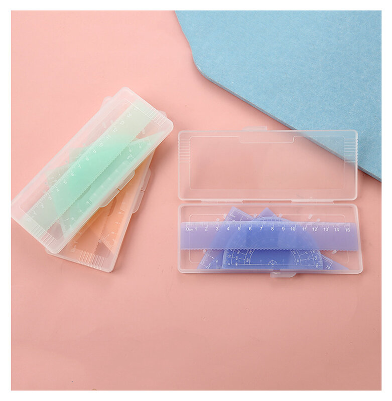 4Pcs/set Jelly Color Ruler Plastic Straight Protractor Triangle Ruler With Cute PP Box Office School Stationery Supplies