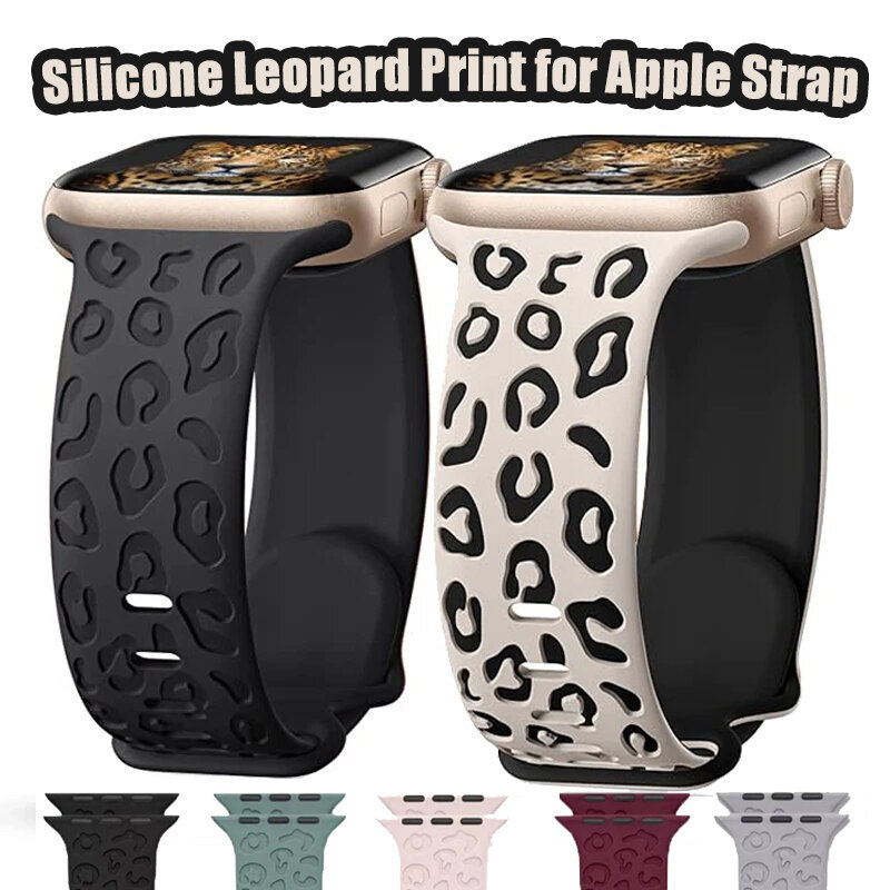 Pulseira Leopard para Apple Watch, Pulseira Correa Gravada, iWatch Series 9, 8, 7, SE, 6, 5, 4, 3, 2, 1 Ultra 2, 45mm, 44mm, 49 milímetros, 41 milímetros, 40 milímetros