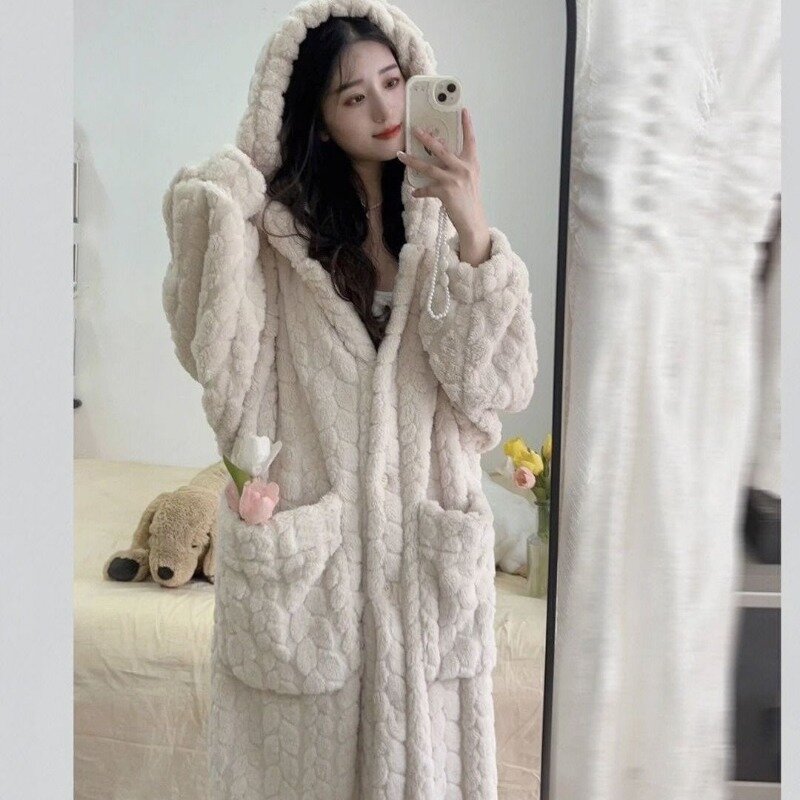 Pocket Robe for Women Sleepwear Winter Nightdress Night Wears Warm Fleece Pajama One Piece Nightgown Hooded Sleeping Homewear