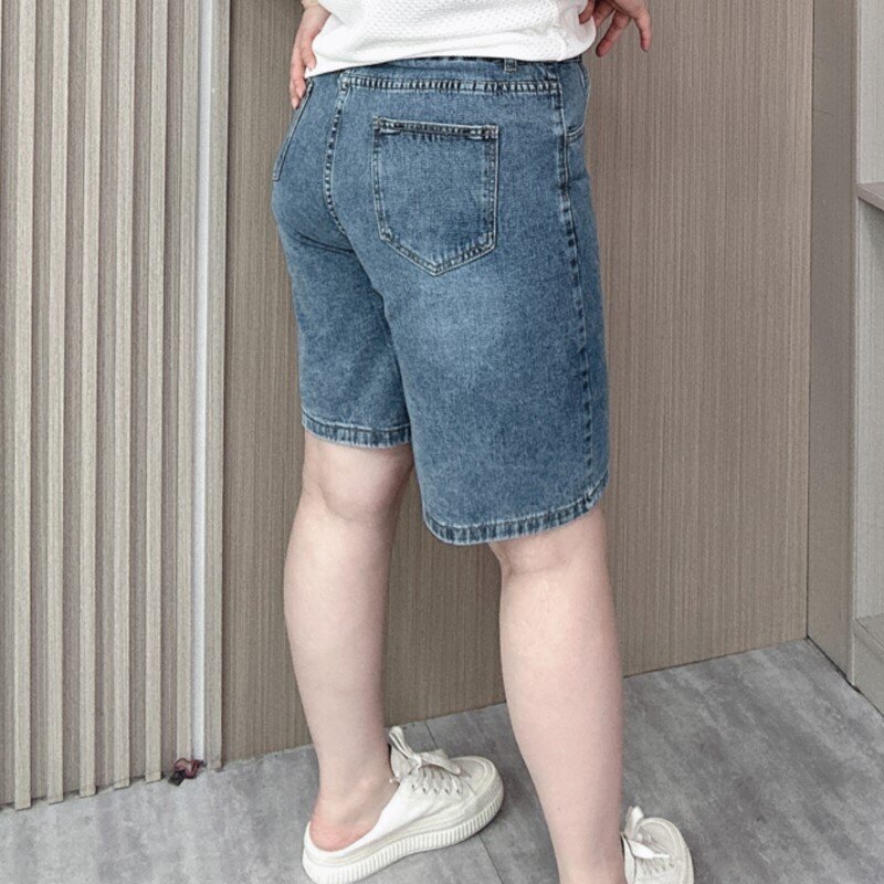 Knee Length Denim Shorts for Women, High Waist, Loose Straight Leg, Retro Casual Jeans, Plus Size, Summer, 2024