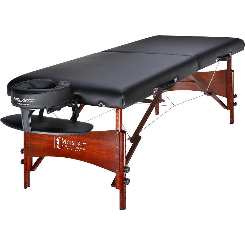 Newport Portable Massage Table Package with Denser 2.5" Cushion, Walnut Stained Hardwood, Steel Support Cables, Pillows