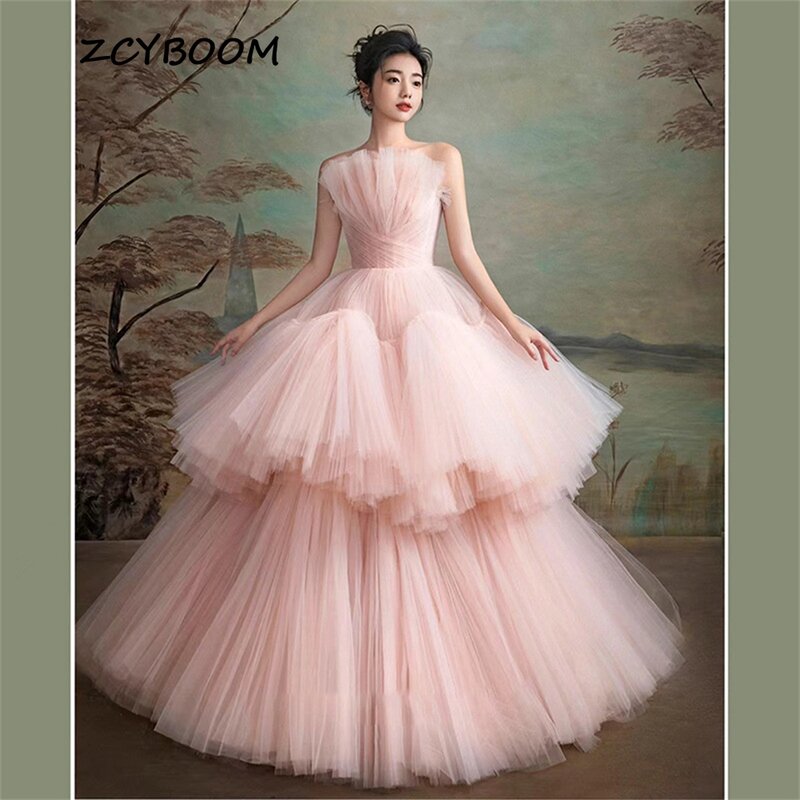 Charming Scalloped Neck Tulle Tiered Pink Ball Gown 2024 Formal Evening Dresses for Women Sweep Train Party Dresses Prom Dress
