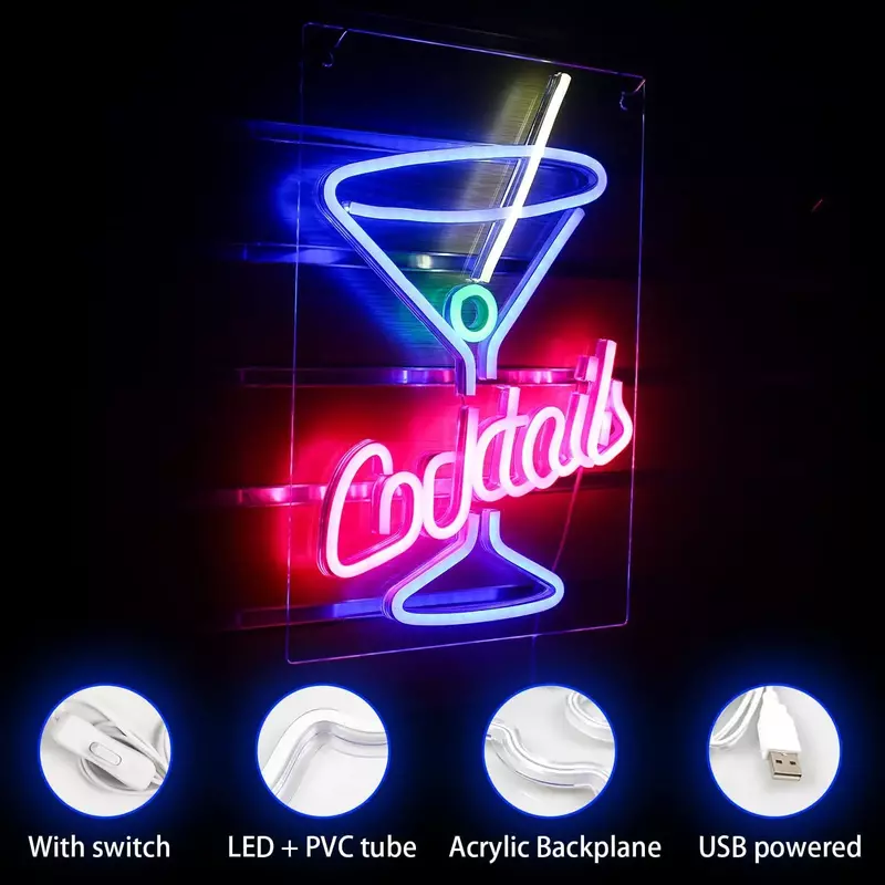 Cocktails Neon Signs Beer Bar Club LED Acrylic Neon Lights Sign for Hotel Pub Cafe Birthday Party Teen Room Wall Decorative Lamp