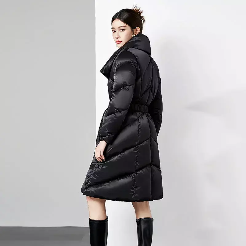 Jaqueta de comprimento midi para mulheres, casacos quentes, 90% para baixo, gola virada para baixo, cintura com cordões, tecido brilhante, inverno