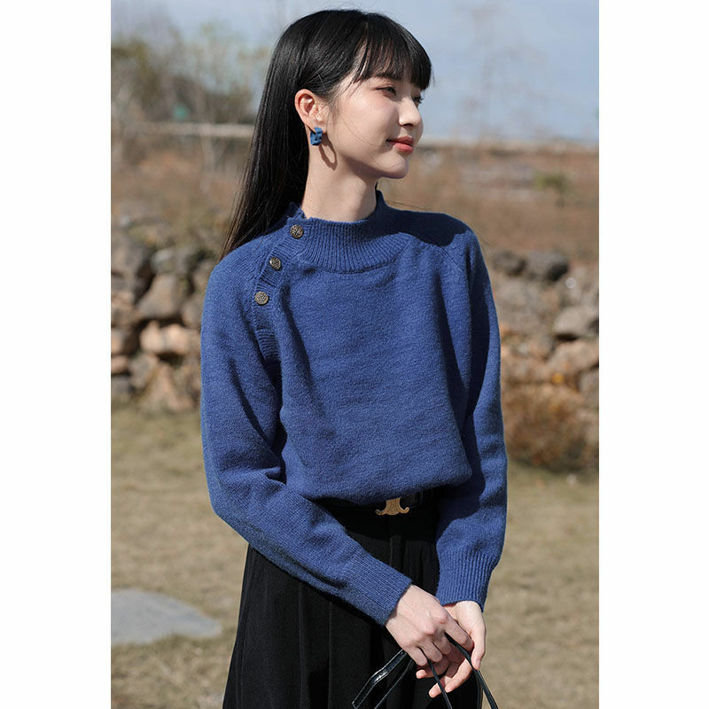 Женский вязаный свитер с длинным рукавом, свободный трикотажный свитер с высоким воротником, модель V106 в Корейском стиле на осень и зиму