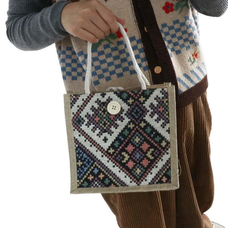 Saco de lona estilo étnico bordado, Bolsa de linho de impressão de grande capacidade Sacola da mamãe, Saco de compras