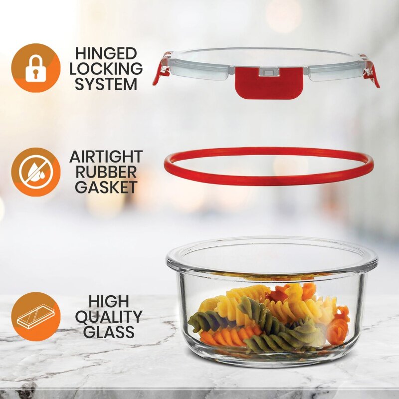 NutriChef 24-Piece Glass Food Storage Set with Locking Hinge Red Lids - Superior Quality