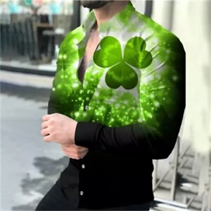 2023 Spring Summer Men's Tops 3 Leaf Clover Casual Fashion Street Outdoor Lapel Button Shirt Soft Comfortable Hot Sale