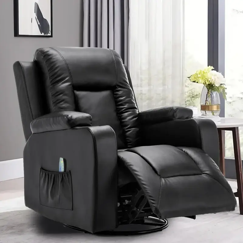 Leather Recliner Chair Modern Rocker with Heated Massage Ergonomic Lounge 360 Degree Swivel Single Sofa Seat with Drink Holders