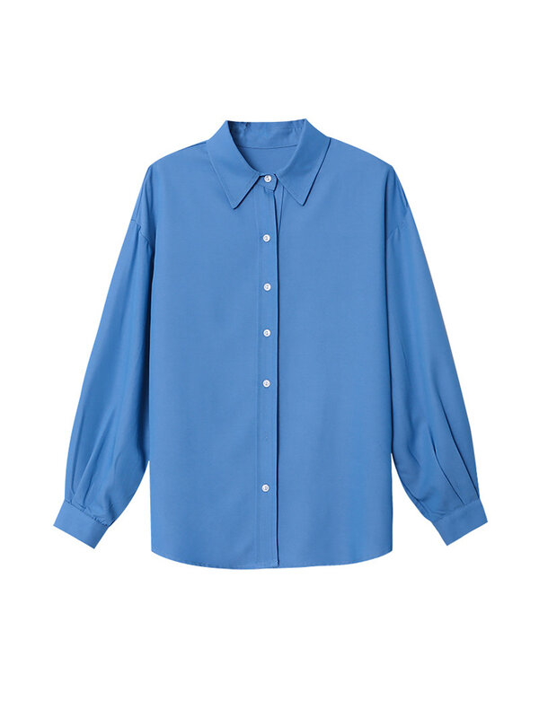 [Lanmrem] blaue unregelmäßige lose Hemden für Frauen Revers einreihige Büro Dame Mode Blusen 2024 Sommer neu 26 d9021