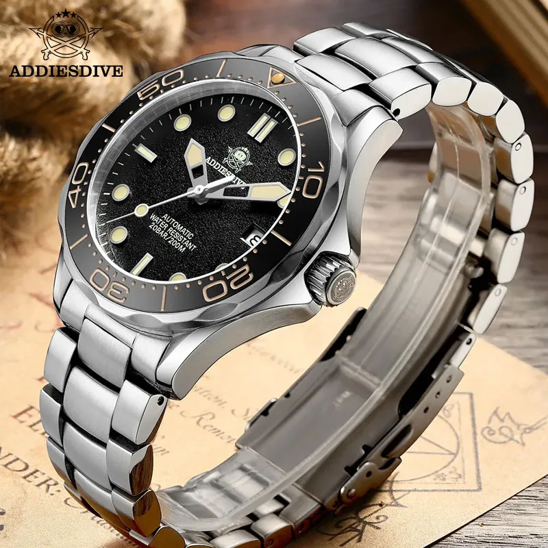 ADDIESDIVE-Reloj de acero inoxidable AD2106 para hombre, accesorio de pulsera resistente al agua con mecanismo automático de buceo, cristal de zafiro de lujo, 200m, luminoso