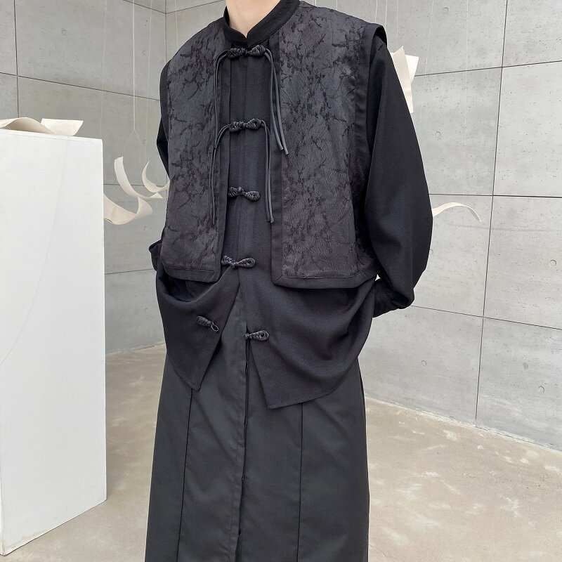 중국 스타일 버클 스탠드 칼라 페이크 투피스 스티칭 남녀공용 셔츠, 레트로 입체 자카드 코트