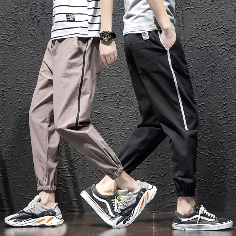 Fashion Men's Casual Linen Pants Korean Style Drawstring Elastic Botton Basic Solid Color Patchwork Men Long Trousers