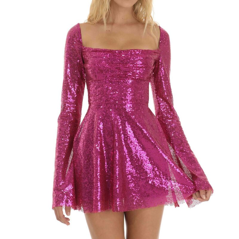 Princess Dresses For Girls Solid Color Square Neck Long Sleeve A-Line Glitter Sparkly Sequin Dress For Women Shiny Women's Dress
