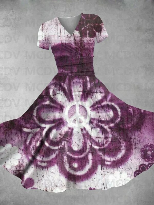 فستان طويل نسائي كلاسيكي بطباعة الهبي ، فساتين مثيرة برقبة على شكل حرف V ، طباعة ثلاثية الأبعاد ، أنثى