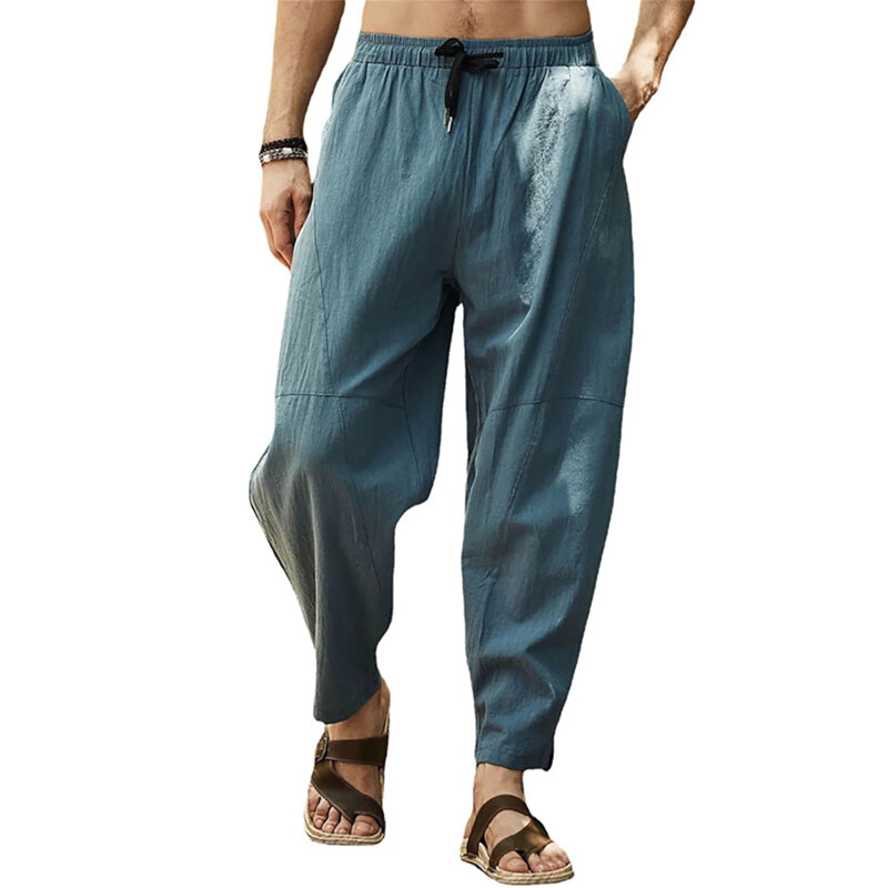 Męskie bawełniane spodnie do kostek Trend hip-hopowy Jednolity kolor Luźne spodnie z elastyczną talią Sznurek Harem Spodnie L-5XL