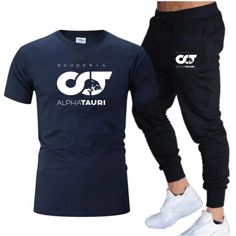 남성용 브랜드 프린트 반팔 코튼 티셔츠 및 바지 세트, F1 스쿠데리아 알파 타우리 피에르 가스리 레이싱 드라이브 패션, 여름
