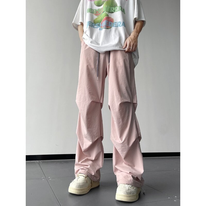American High Street Pink Cargo Parachute Pants Men Summer Thin Ice Silk Loose Oversized  Harajuku Couple Overalls Techwear