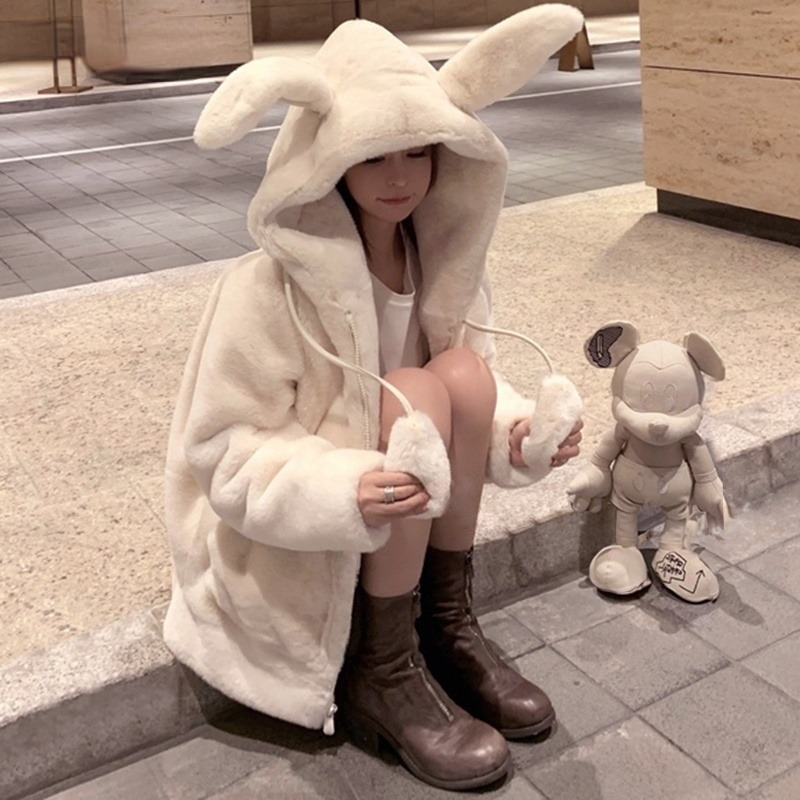 Women's Zipper Oversized Soft Winter Jacket Harajuku Kawaii Hooded Rabbit Ears Plush Faux Cashmere Coat Plus Velvet Padded 2023