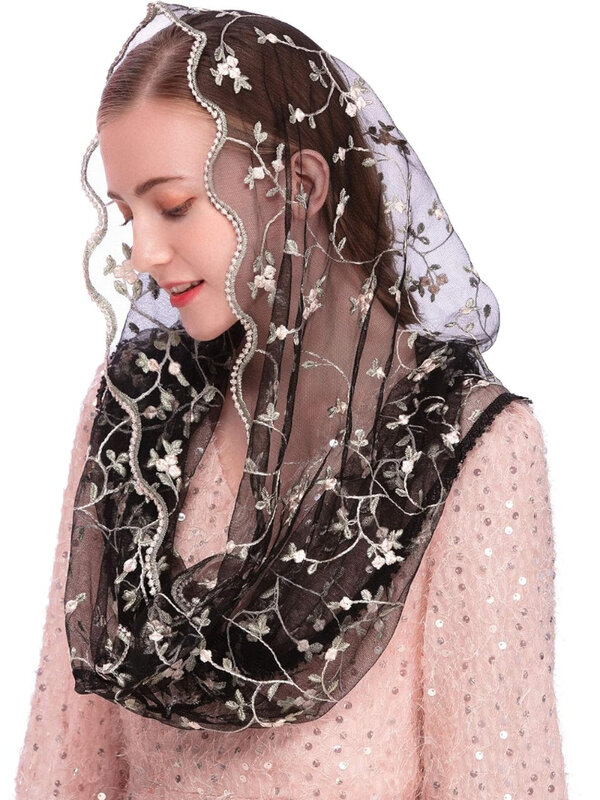 Welony Mantilla Infinity Veil Latin Mass Mały kwiatek Miękki haftowany koronkowy szalik zakrywający głowę