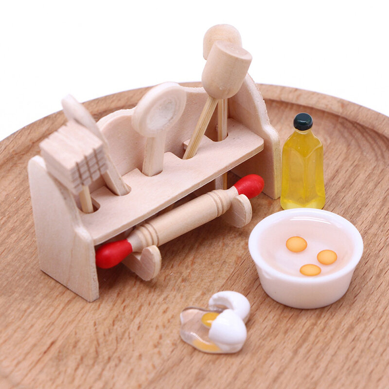 1Set Dollhouse Miniature Cookware Rolling Pin Spoon With Storage Rack Mini Kitchen Utensils Model Doll House Life Scene Decor