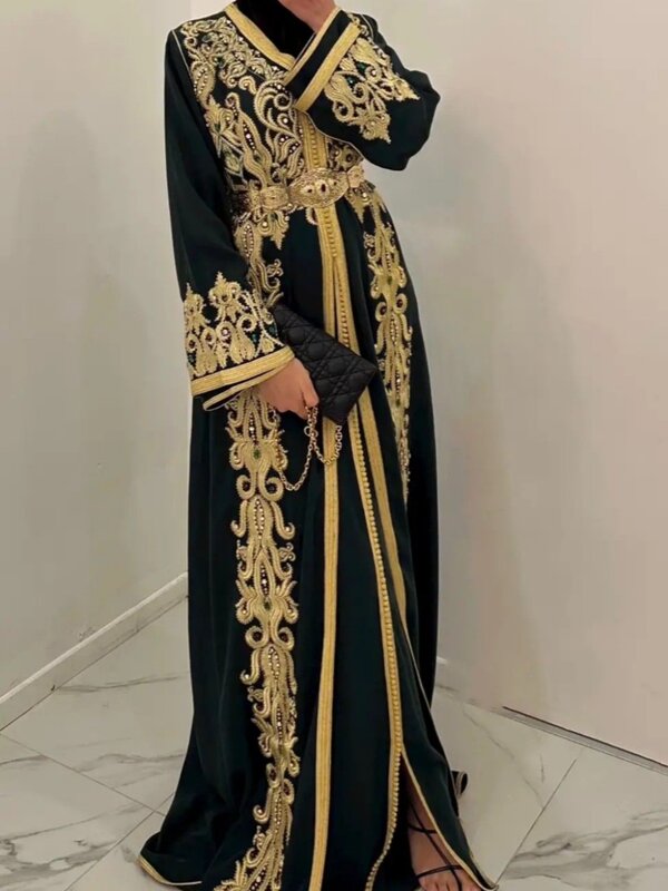 Marokańskie suknie wieczorowe w linii A imprezowe Kaftan sukienka do podłogi luksusowe aplikacje z dekoltem w szpic Plus Size suknia szata De Mariée